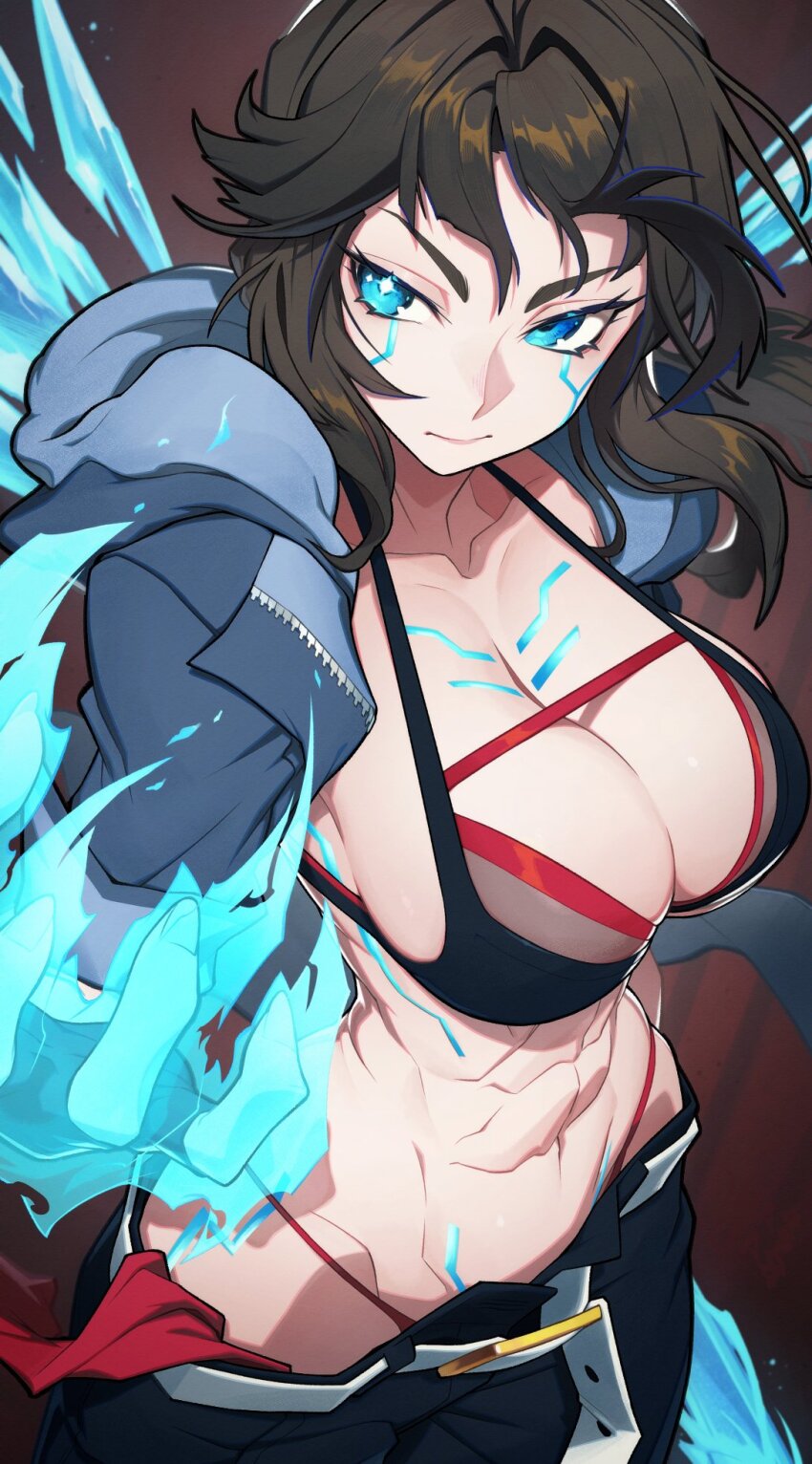 1girl abs belt black_hair black_sports_bra blue_eyes blue_hoodie body_markings breasts cleavage collarbone commission cropped_hoodie energy energy_fist fingernails glaring glowing_arm glowing_veins hata4564 highres hood hoodie huge_breasts looking_to_the_side midriff muscular muscular_female noel_(tracedrenon) open_belt open_pants original pants shiny_skin sideboob sparkling_eyes spirit sports_bra thong toned toned_female unworn_bandana
