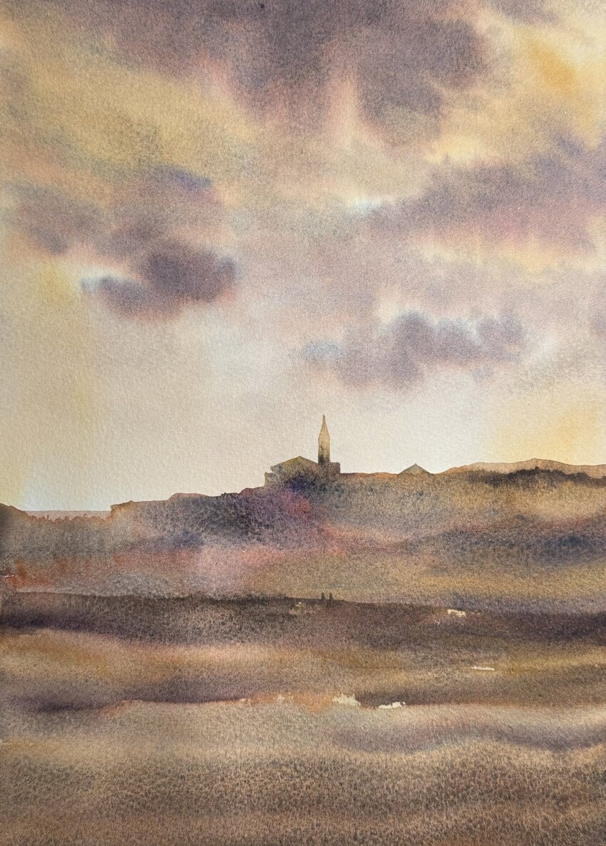 2others blue_dress blue_sky building church cloud cloudy_sky day dress field highres hill mouen_tw multiple_others original painting_(medium) scenery sky tower traditional_media watercolor_(medium)