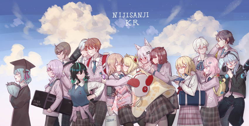 4boys 6+girls absurdres akira_ray animal_ears annoyed arikanyan bag blazer blonde_hair blue_eyes blue_hair blue_neckwear blue_vest blush book bouquet brown_hair brown_pants brown_skirt chae_ara closed_eyes clothes_around_waist collared_shirt colored_inner_hair copyright_name everyone flower food fox_ears fox_girl frown gaon_(nijisanji) glasses green_eyes green_hair hair_behind_ear half-closed_eyes han_chi_ho hat highres holding holding_book holding_bouquet hug in_mouth jacket lee_roha long_hair min_suha mortarboard multicolored_hair multiple_boys multiple_girls necktie nijisanji nijisanji_kr nun_bora oh_jiyu one_eye_closed pants pink_jacket pink_skirt plaid_clothes plaid_pants plaid_skirt pocky puckered_lips purple_hair red_eyes ryu_hari school_bag school_uniform serafuku shin_kiru shin_yuya shirt short_hair short_sidetail silver_hair skirt smile so_nagi streaked_hair sweater sweater_around_waist twintails vest virtual_youtuber white_shirt wiffy yang_nari yuri