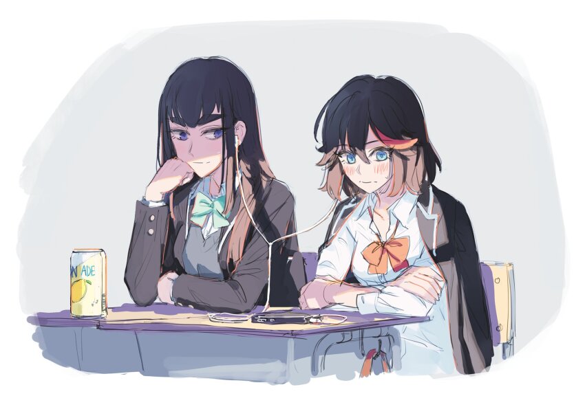 2girls blush can chair desk drink_can earphones embarrassed highres jibek_lily kill_la_kill kiryuuin_satsuki long_hair matoi_ryuuko multiple_girls school_uniform short_hair siblings sisters sitting soda_can thick_eyebrows