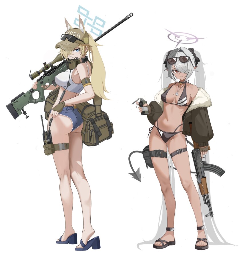2girls absurdly_long_hair absurdres ai_arctic_warfare ak-47 animal_ear_fluff animal_ears armband ass assault_rifle bag bikini black_bikini black_tail blonde_hair blue_archive blue_halo bolt_action breasts dark-skinned_female dark_skin demon_tail denim denim_shorts dog_ears dog_tags extra_ears eyewear_on_head full_body grey_hair gun hair_over_one_eye hair_ribbon halo hashtag-only_commentary hat high_heel_sandals highres holding holding_gun holding_weapon iori_(blue_archive) iori_(swimsuit)_(blue_archive) jacket kalashnikov_rifle kanna_(blue_archive) kneepits long_hair looking_at_viewer medium_breasts multi-strapped_bikini_bottom multiple_girls navel off_shoulder official_alternate_costume open_clothes open_jacket pointy_ears ponytail purple_halo red_eyes revision ribbon rifle sandals short_shorts shorts shoulder_bag simple_background sniper_rifle sports_bra standing sunglasses swimsuit tail thigh_strap twintails very_long_hair walkie-talkie weapon white_background white_sports_bra zi0807