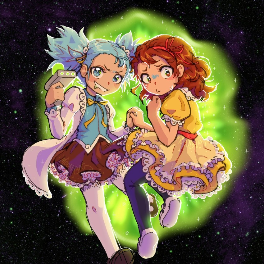2girls aged_down animification blue_hair brown_hair dress drooling frilled_dress frilled_skirt frills genderswap genderswap_(mtf) highres holding_hands lab_coat messy_hair morticia_smith morty_smith multiple_girls official_art portal_(object) rick_and_morty rick_sanchez saliva skirt space sweatdrop thighhighs