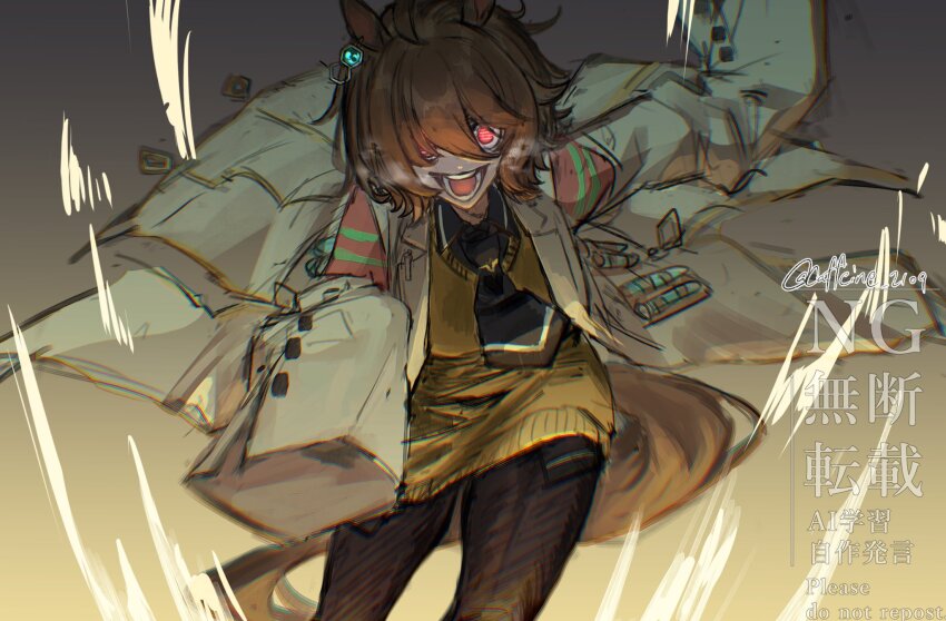 1girl agnes_tachyon_(umamusume) animal_ears black_necktie black_pantyhose black_shirt brown_hair caffeine_2109 chemical_structure coat collared_shirt commentary_request earrings hair_between_eyes heavy_breathing highres horse_ears horse_girl horse_tail jewelry lab_coat long_sleeves medium_hair motion_lines necktie open_clothes open_coat open_mouth pantyhose red_eyes running shirt short_necktie signature single_earring sleeves_past_fingers sleeves_past_wrists smile solo sweater tail test_tube twitter_username umamusume watermark white_coat wide_sleeves wolf_cut yellow_sweater