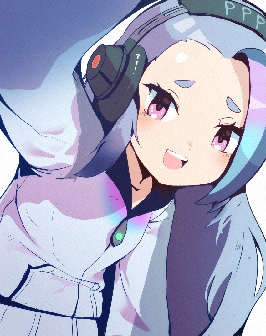 1girl absurdres arm_up blush giant_penguin_(kemono_friends) headphones highres hood hoodie kemono_friends kemono_friends_3 long_hair looking_at_viewer open_mouth penguin_girl purple_eyes purple_hoodie purple_skirt riri_(dgra3272) simple_background skirt solo upper_body very_long_hair white_background zipper