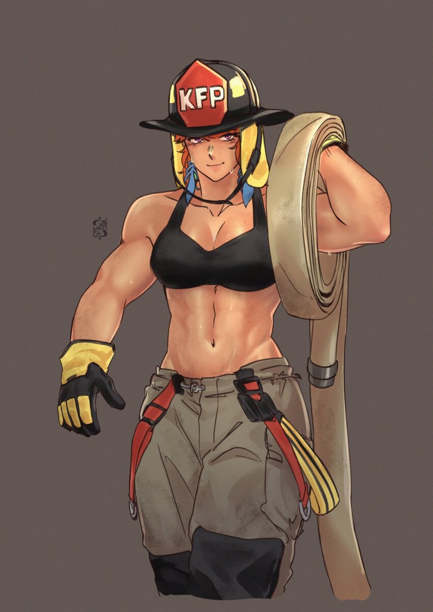 1girl abs alternate_costume earrings feather_earrings feathers firefighter gloves green_hair grey_background helmet highres holding holding_hose hololive hololive_english hose iskaydi jewelry looking_at_viewer muscular muscular_female purple_eyes smile solo suspenders sweat takanashi_kiara tank_top toned toned_female virtual_youtuber