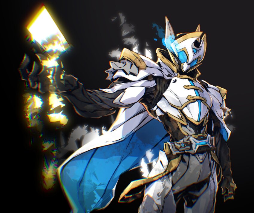 1boy armor black_background blue_eyes card cowboy_shot highres holding holding_card kamen_rider kamen_rider_outsiders kamen_rider_zein linnnoj male_focus power_armor rider_belt simple_background solo white_armor