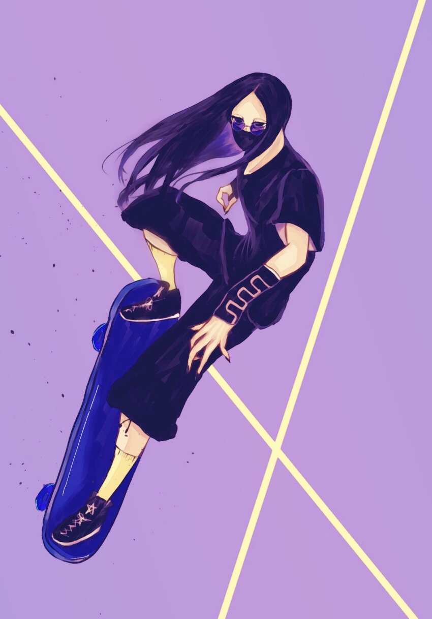 1boy arm_warmers as_nodt black_eyes black_hair bleach bleach:_sennen_kessen-hen highres long_hair male_focus mask mouth_mask osirichandayoo purple_background round_eyewear shoes short_sleeves skateboarding sneakers solo sunglasses