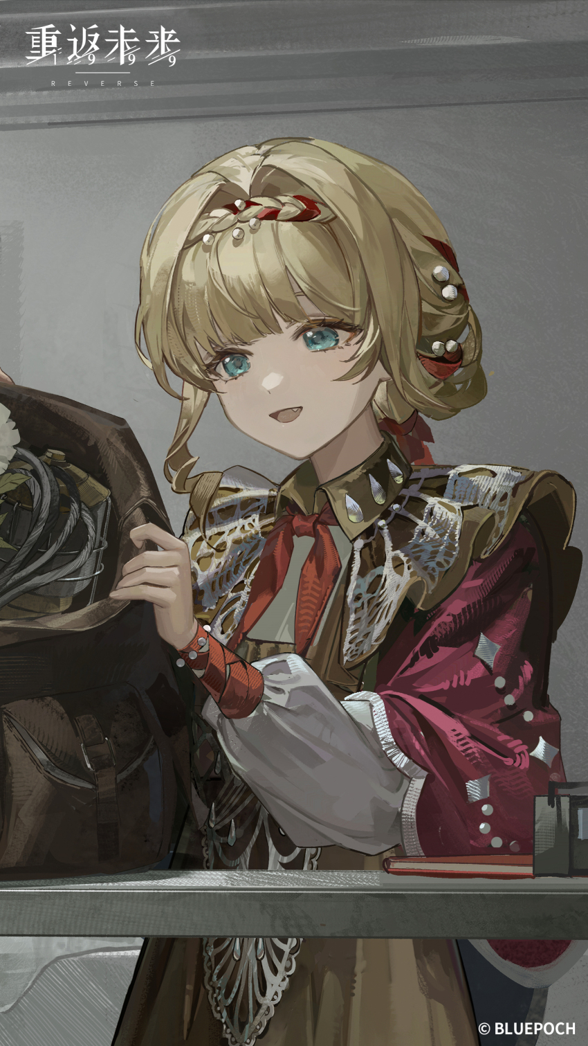 1girl :d absurdres bag blonde_hair blue_eyes braid braided_bangs brown_bag brown_dress cloak copyright_name copyright_notice dress fang hair_ribbon highres holding holding_bag indoors kiperina logo long_hair long_sleeves neckerchief official_art official_wallpaper open_mouth red_cloak red_neckerchief red_ribbon reverse:1999 ribbon rope smile solo table upper_body