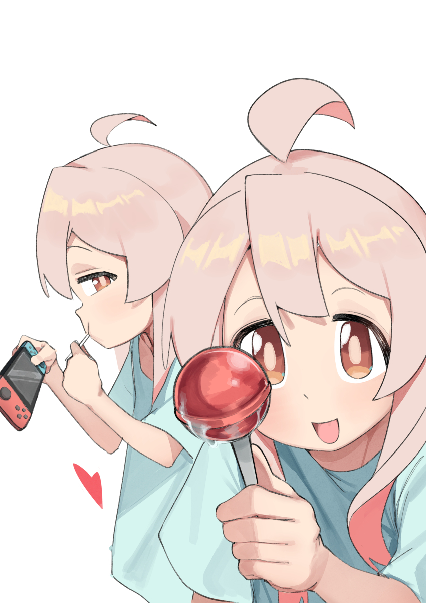 1girl absurdres ahoge araimelon candy chupa_chups food genderswap genderswap_(mtf) handheld_game_console heart highres holding holding_candy holding_food holding_handheld_game_console holding_lollipop lollipop long_hair looking_at_viewer nintendo_switch onii-chan_wa_oshimai! orange_eyes oyama_mahiro pink_hair saliva shirt simple_background solo t-shirt white_background