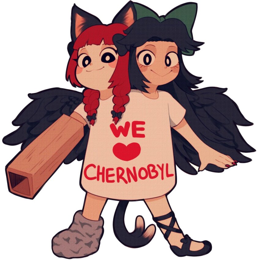 2girls :&gt; animal_ears arm_cannon asymmetrical_footwear bird_wings black_eyes black_hair black_wings blunt_bangs blush_stickers bow braid bright_pupils cat_ears chernobyl clem_(calmeremerald) conjoined feathered_wings forked_tail full_body green_bow hair_bow hair_ribbon kaenbyou_rin legs_apart long_hair low_twin_braids mismatched_footwear multiple_girls nail_polish nekomata red_hair red_nails reiuji_utsuho ribbon tail touhou tress_ribbon twin_braids very_long_hair weapon white_pupils wings