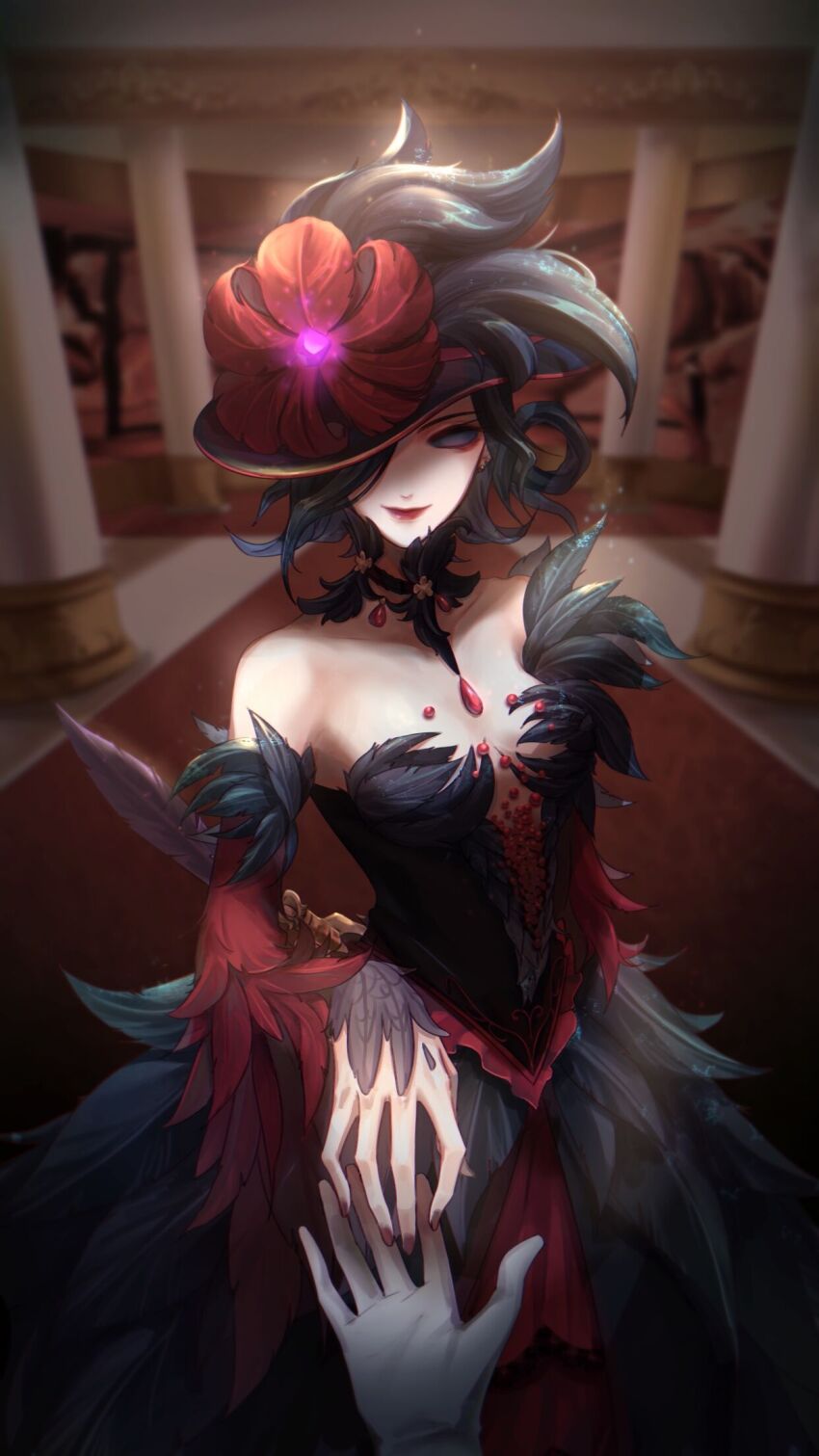 1girl arm_behind_back black_collar black_dress black_eyes black_hair black_hat breasts carpet collar cowboy_shot dagger detached_sleeves dress earrings eyeliner feather_dress feather_sleeves feathers flower gem gloves hair_over_one_eye hair_rings hat hat_feather hat_flower hat_over_one_eye highres holding holding_dagger holding_feather holding_knife holding_weapon identity_v indoors jewelry knife looking_at_viewer makeup mary_(identity_v) mary_(last_dance)_(identity_v) medium_breasts nail_polish picture_hat pillar plunging_neckline pov pov_hands reaching reaching_towards_viewer red_dress red_eyeliner red_flower red_gemstone red_lips red_nails short_hair smile solid_eyes solo_focus standing strapless strapless_dress two-tone_dress weapon white_gloves zhangyu_zi