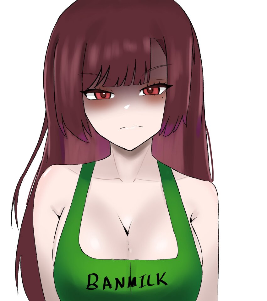 1girl banmin banmin_chan breasts brown_hair colored_skin eizoku_shizu eyeshadow eyeshadow_under_eye highres hime_cut large_breasts lipstick long_hair makeup mole permabanned red_eyes starbucks thick_thighs thighs virtual_youtuber white_skin
