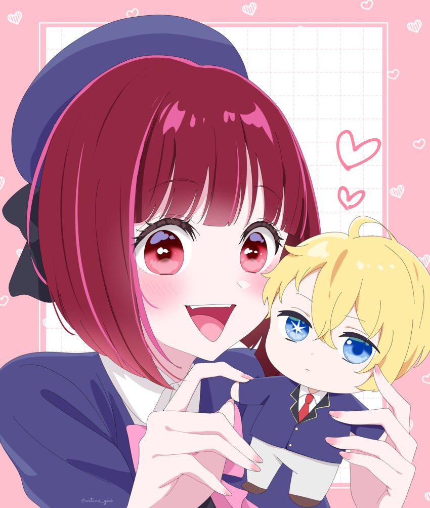 1girl arima_kana beret blonde_hair blue_eyes blue_hair blue_jacket blush bob_cut bow bowtie character_doll doll hat highres hoshino_aquamarine jacket looking_at_viewer medium_hair necktie open_mouth oshi_no_ko pink_bow pink_bowtie red_eyes red_hair red_necktie school_uniform short_hair smile star_(symbol) stuffed_toy tongue watano_yuki youtou_high_school_uniform