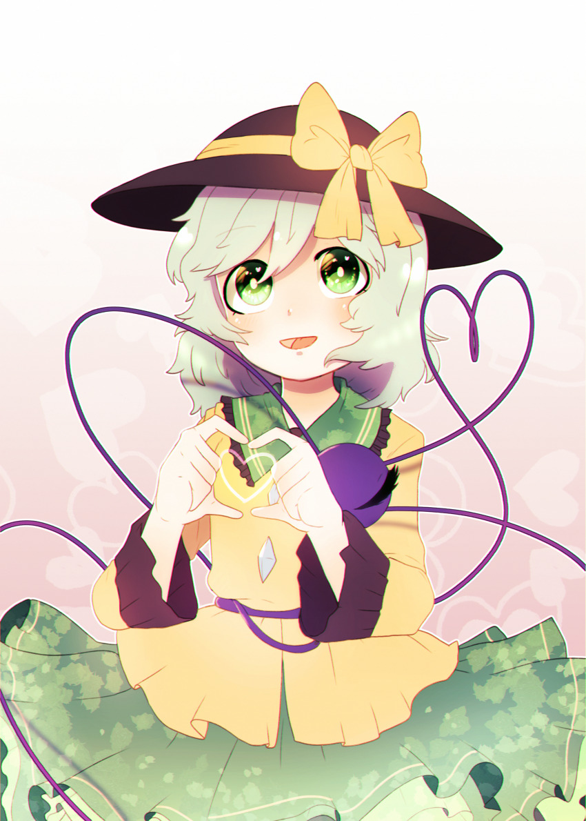 1girl absurdres black_hat blouse bow collared_shirt cowboy_shot dungeon_toaster frilled_shirt_collar frilled_sleeves frills gradient_background green_eyes green_hair green_skirt hat hat_bow hat_ribbon heart heart_background heart_hands heart_of_string highres koishi_day komeiji_koishi long_sleeves looking_at_viewer medium_hair open_mouth pink_background ribbon shirt simple_background skirt solo third_eye touhou white_background wide_sleeves yellow_bow yellow_ribbon yellow_shirt