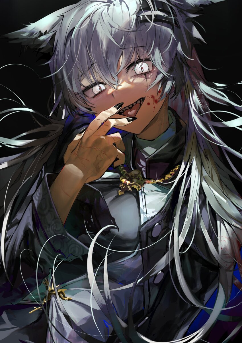 1girl a0lp animal_ears arknights black_background black_jacket black_nails blood blood_on_face cross fingernails grey_hair hair_between_eyes hand_up highres jacket lappland_(arknights) latin_cross long_fingernails long_hair long_sleeves looking_at_viewer nail_polish open_mouth scar scar_across_eye scar_on_face scar_on_hand sharp_teeth simple_background solo teeth tongue tongue_out upper_body white_eyes wolf_ears wolf_girl