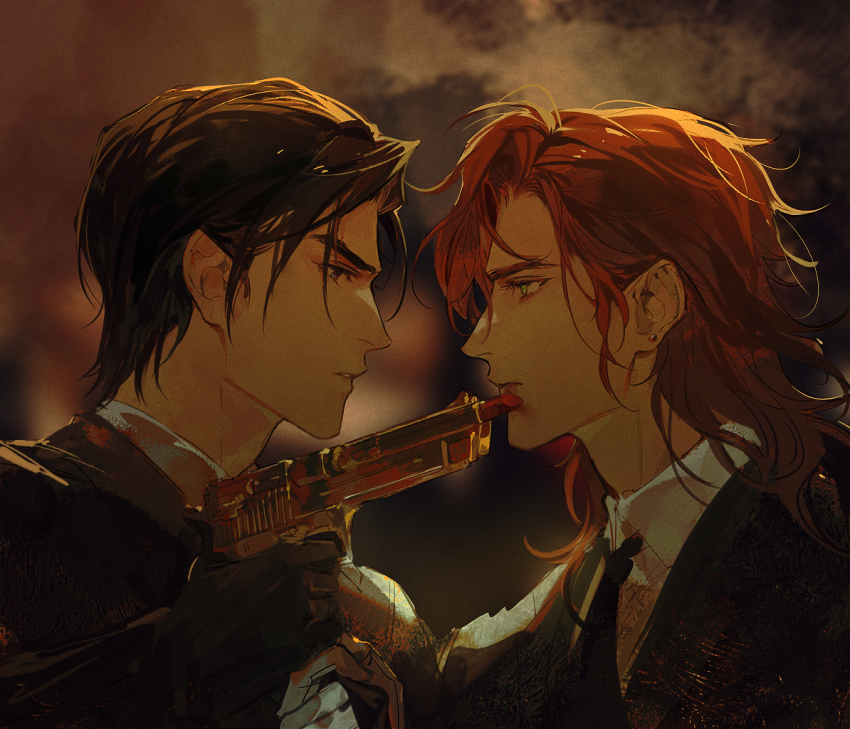 2boys applying_makeup black_gloves blue_eyes blurry blurry_background closed_mouth clothes_grab cosmetics earrings eye_contact eyelashes face-to-face finger_on_trigger formal_clothes from_side gloves gun holding holding_gun holding_weapon jewelry lipstick lipstick_tube long_hair looking_at_another looking_away makeup male_focus multiple_boys necktie original portrait profile red_hair short_hair smeared_lipstick stud_earrings suit themed_object toy_gun weapon white_gloves xiandao1213