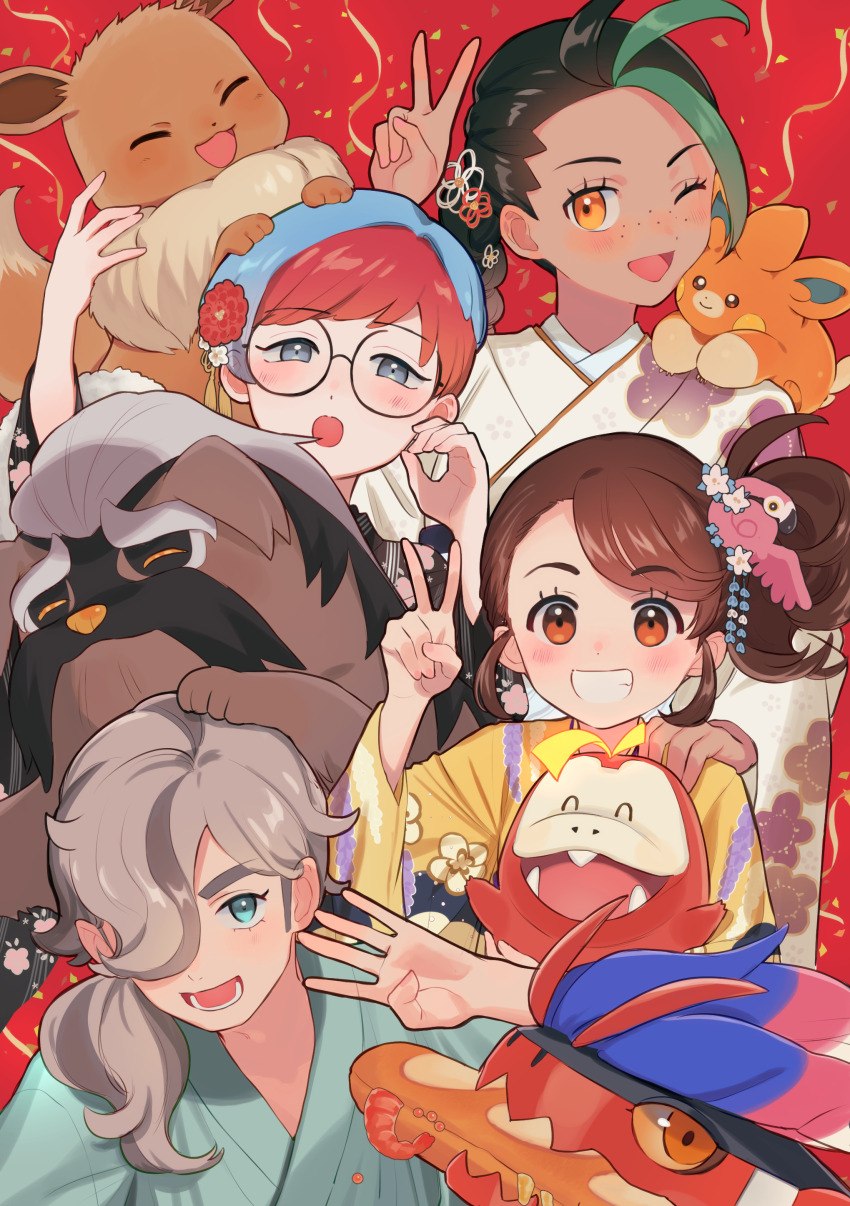 1boy 2024 3girls absurdres alternate_hairstyle arven_(pokemon) black_hair blue_hair brown_eyes brown_hair character_hair_ornament closed_eyes colored_sclera eevee food freckles fuecoco furukawa_raku gen_1_pokemon glasses green_eyes green_hair grey_eyes hair_ornament hair_over_one_eye hair_pulled_back high_side_ponytail highres japanese_clothes juliana_(pokemon) kimono koraidon light_brown_hair long_hair low_side_ponytail mabosstiff multicolored_hair multiple_girls nemona_(pokemon) new_year nintendo official_alternate_hairstyle one_eye_closed open_mouth orange_eyes pawmi penny_(pokemon) pokemon pokemon_(creature) pokemon_sv ponytail red_hair round_eyewear sandwich short_hair side_ponytail two-tone_hair v yellow_sclera
