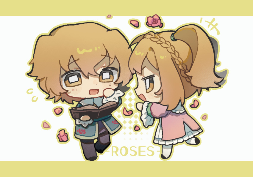 1boy 1girl :d aqua_shirt blonde_hair book braid brother_and_sister chibi chibi_only chinese_commentary commentary_request crown_braid dress fata_morgana_no_yakata flower flying_sweatdrops hand_on_own_cheek hand_on_own_face holding holding_book leg_up letterboxed looking_at_another looking_at_object looking_down mell_rhodes nellie_rhodes open_mouth petals pink_dress pink_flower pink_rose rose rose_petals shirt short_hair short_twintails siblings smile sweatdrop twintails v-shaped_eyebrows yellow_eyes yuer6350