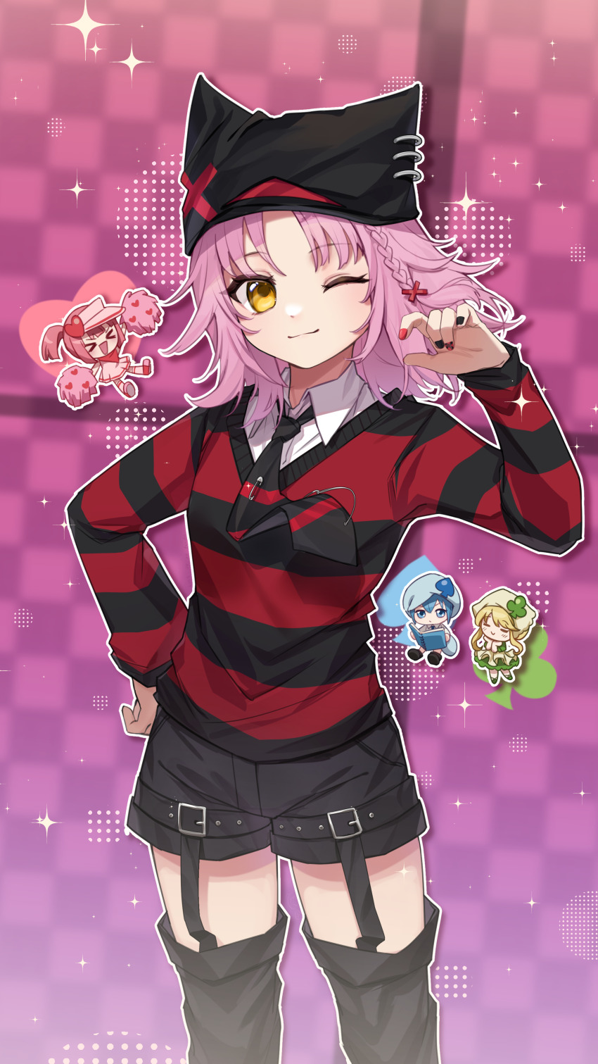 &gt;_&lt; &gt;o&lt; 4girls absurdres animal_ear_headwear arm_up black_hat black_shorts black_sweater black_thighhighs braid checkered_background chibi chibi_inset closed_mouth diagonal-striped_clothes diagonal-striped_necktie fake_animal_ears garter_straps guardian_chara hair_ornament hat highres hinamori_amu long_sleeves looking_at_viewer medium_hair miki_(shugo_chara!) multiple_girls necktie one_eye_closed outline paperclip parted_bangs pink_background pink_hair ran_(shugo_chara!) red_sweater shirt shorts shugo_chara! smile solo_focus sparkle striped_clothes striped_sweater suu_(shugo_chara!) sweater tanoki233 thighhighs white_outline white_shirt x_hair_ornament yellow_eyes zettai_ryouiki