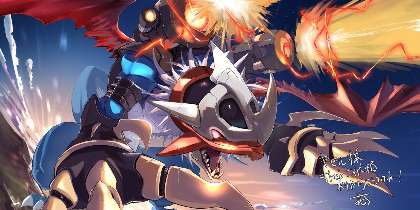 absurdres blue_scales commission digimon digimon_(creature) digimon_adventure_02 dragon full_body fusion highres imperialdramon imperialdramon_dragon_mode midair mugendramon no_humans omochi_(mochi_skymega) red_eyes red_wings sharp_teeth shoulder_cannon skeb_commission solo teeth white_hair wings