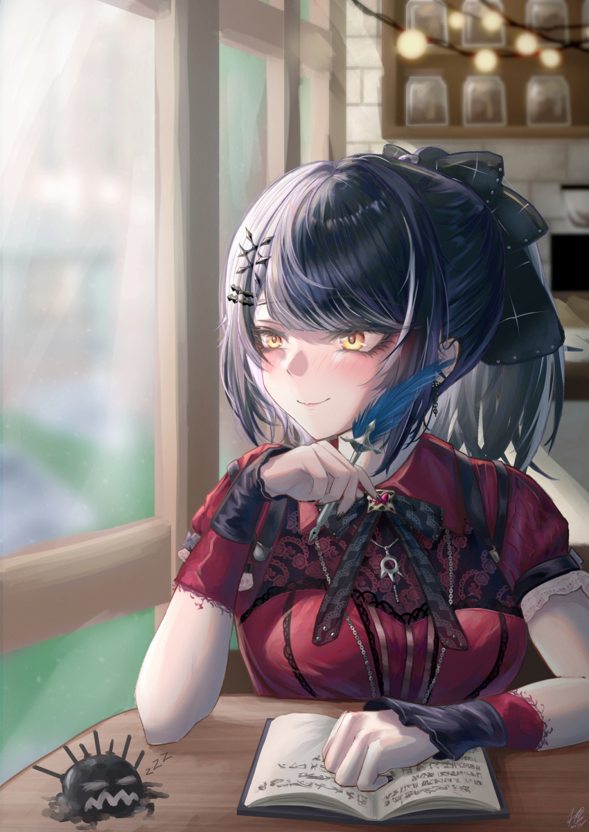 1girl absurdres black_bow black_bowtie black_hair blob blurry blurry_background blush book bow bowtie breasts closed_mouth commentary day dress earrings english_commentary fingernails grey_hair hair_ornament highres holding holding_quill hololive hololive_english indoors jewelry large_breasts long_fingernails long_hair looking_to_the_side multicolored_hair nail_polish necklace official_alternate_costume open_book pendant ponytail puffy_short_sleeves puffy_sleeves quill red_dress shiori_novella shiori_novella_(casual) short_sleeves signature sleeping smile solo split-color_hair swept_bangs two-tone_hair virtual_youtuber window yellow_eyes yorick_(shiori_novella) zolomon_(jarvis_lin) zzz