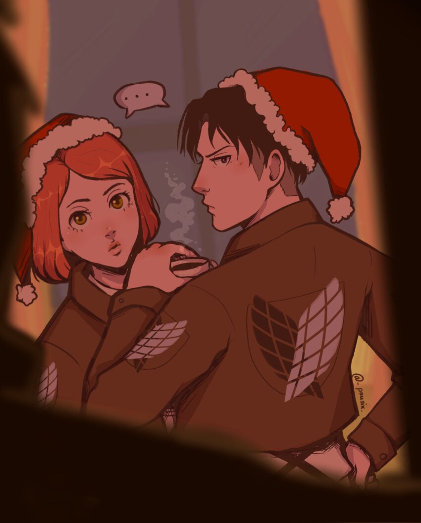 black_hair christmas hairy highres levi_(shingeki_no_kyojin) military military_uniform pau6ix petra_ral red_hair shingeki_no_kyojin ship shirt survey_corps survey_corps_(emblem) tea watercraft