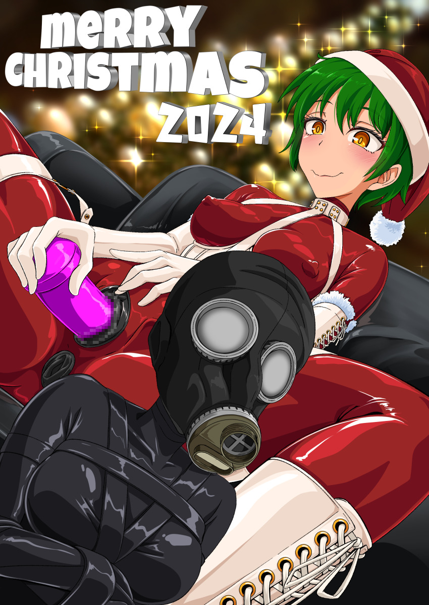2girls absurdres bdsm bodysuit bound bound_arms breasts censored christmas corset couch covered_erect_nipples dildo elbow_gloves fur_trim gas_mask gloves green_hair hat highres latex latex_bodysuit mask medium_breasts merry_christmas mosaic_censoring multiple_girls object_insertion orange_eyes original red_bodysuit santa_costume santa_hat sex_toy shiny_clothes short_hair straitjacket tamakko vaginal vaginal_object_insertion variant_set very_short_hair wavy_mouth