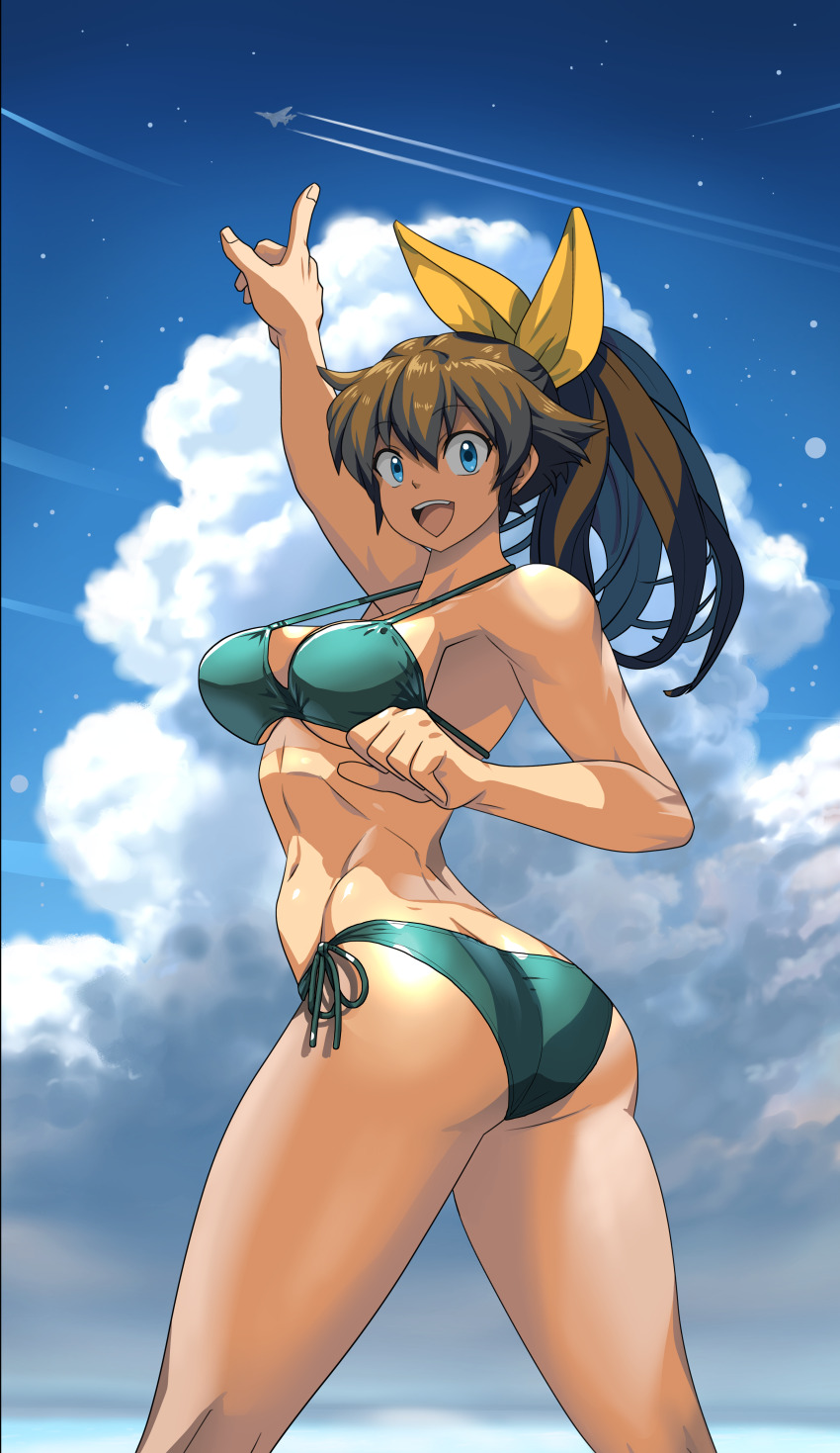 1girl absurdres aircraft airplane ass bikini blue_eyes bow breasts brown_hair cloud cloudy_sky contrail cowboy_shot flying green_bikini hair_between_eyes hair_bow highres long_hair looking_back m.u.g.e.n oggy_(oggyoggy) open_mouth original pointing ponytail ryuko_(oggyoggy) side-tie_bikini_bottom sky solo swimsuit underboob yellow_bow