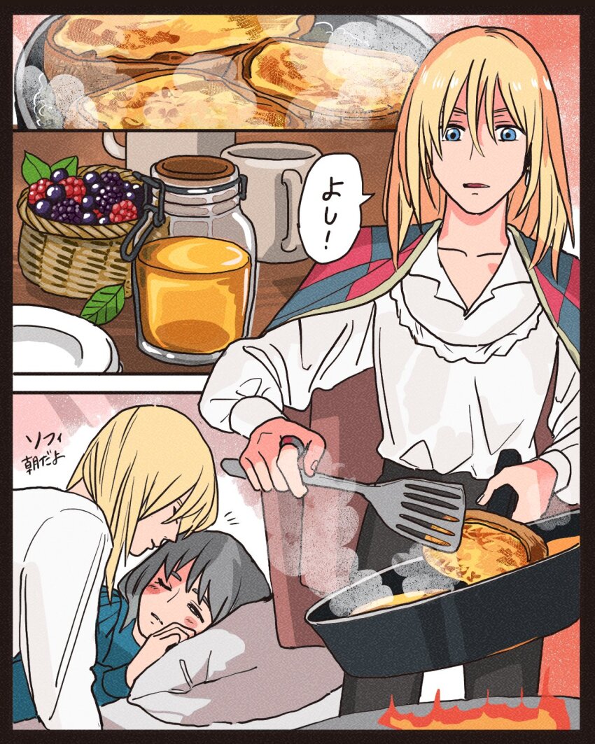 1boy 1girl black_border blackberry_(fruit) blonde_hair blue_dress blue_eyes blueberry blush border cooking dress fire food french_toast fruit frying_pan grey_hair hair_between_eyes highres holding holding_frying_pan howl_no_ugoku_shiro howl_pendragon jacket jacket_on_shoulders kiss medium_hair mint notice_lines one_eye_closed raspberry rikaco1988 shirt shirt_tucked_in smoke sophie_hatter white_shirt