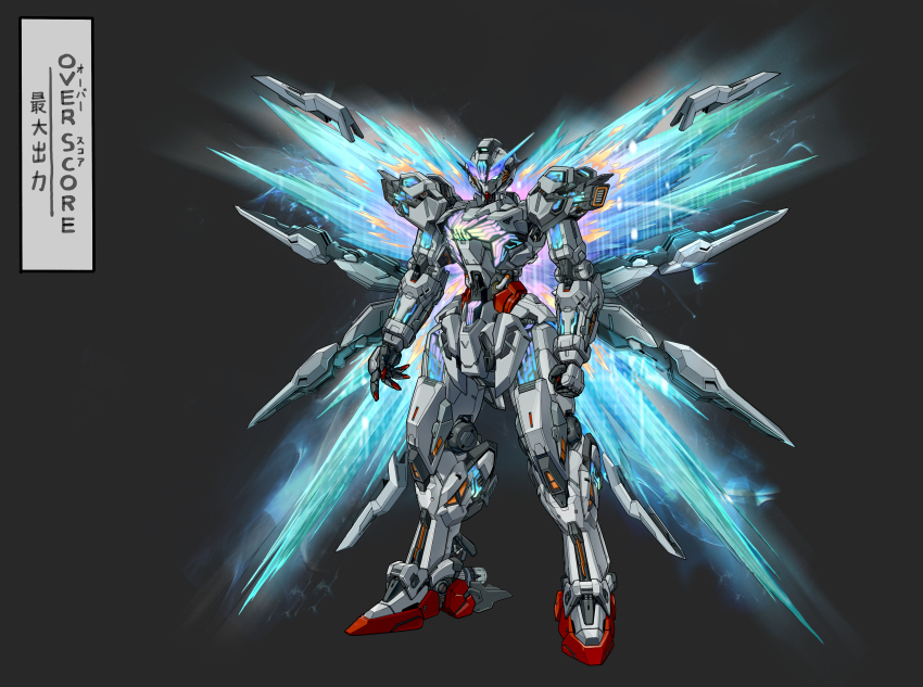 absurdres arms_at_sides clenched_hand commentary_request energy_wings full_body green_eyes grey_background gundam gundam_calibarn gundam_suisei_no_majo highres mecha mecha_focus mobile_suit no_humans open_hand redesign robot science_fiction simple_background solo standing translation_request v-fin veerinly