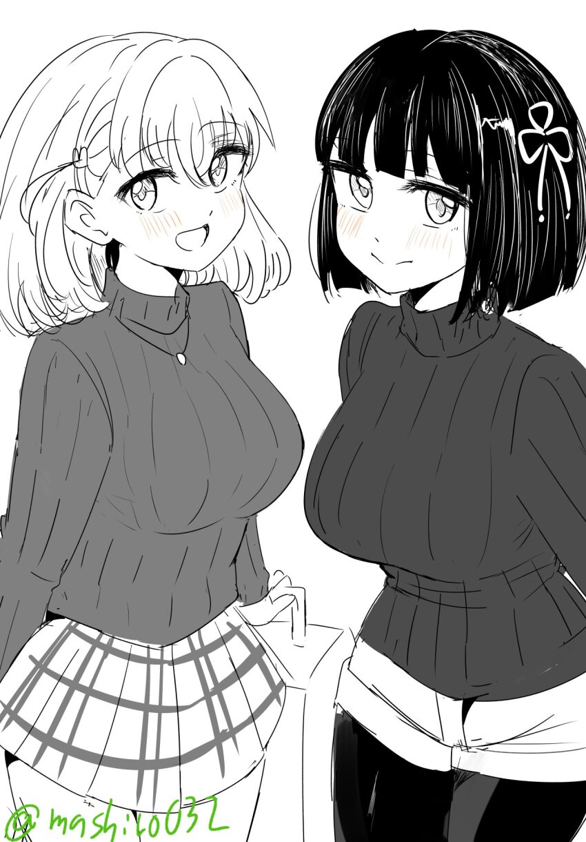 2girls :d blunt_bangs blunt_ends blush bob_cut breasts closed_mouth commentary cowboy_shot crossed_bangs ereka flower_knot hair_ornament highres hinoshita_kaho hinoshita_kaho_(winter_casual) jewelry large_breasts leaning_forward link!_like!_love_live! looking_at_viewer love_live! matching_outfits medium_hair miniskirt momose_ginko momose_ginko_(winter_loungewear) multiple_girls necklace nervous_smile open_mouth pantyhose plaid_clothes plaid_skirt rabbit_hair_ornament ribbed_sweater rolling_suitcase short_hair short_shorts shorts simple_background skirt smile spot_color suitcase sweater turtleneck turtleneck_sweater twitter_username two_side_up virtual_youtuber white_background
