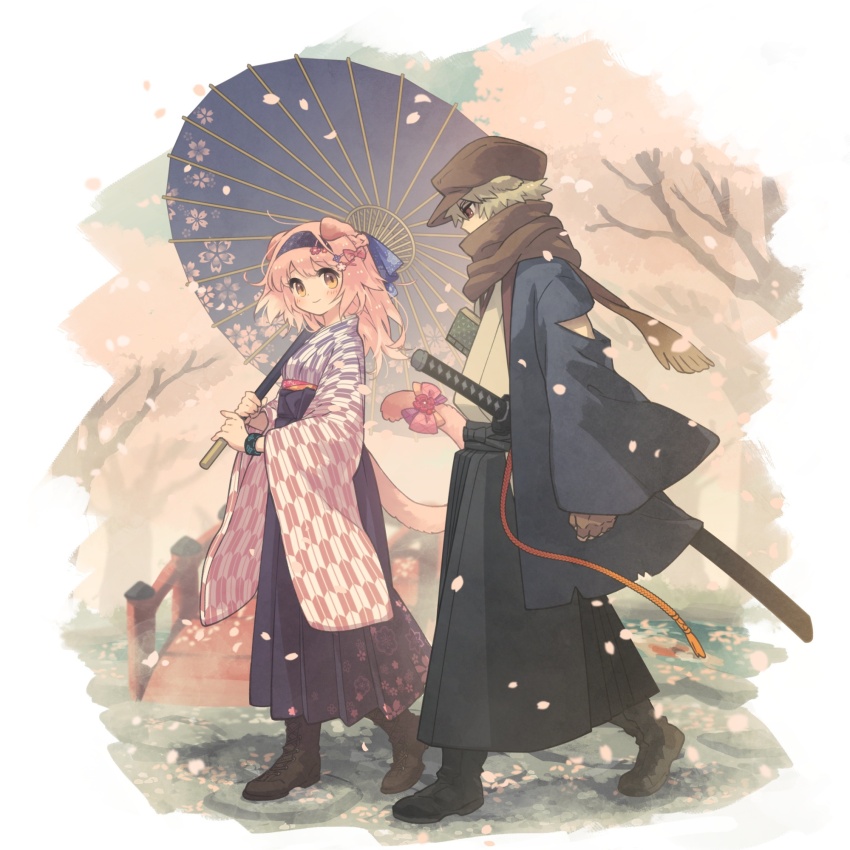 1boy 1girl alternate_costume animal_ears arknights arm_cutout black_footwear black_hairband black_hakama blue_jacket book boots bow bridge brown_footwear brown_gloves brown_hat brown_scarf newsboy_cap cat_ears cat_tail cherry_blossoms closed_mouth commentary cross-laced_footwear falling_petals fingerless_gloves floppy_ears flower full_body gloves goldenglow_(arknights) grey_hair hair_ornament hairband hairclip hakama hat highres holding holding_umbrella infection_monitor_(arknights) jacket japanese_clothes katana kimono long_hair long_sleeves looking_at_another looking_at_viewer morini_ochiteru multicolored_kimono orange_hair outdoors petals pink_bow pink_flower pink_hair pink_kimono purple_hakama purple_kimono purple_skirt red_(npc)_(arknights) red_eyes scarf scarf_over_mouth sheath sheathed shirt short_hair skirt smile sword symbol-only_commentary tail tail_bow tail_ornament umbrella weapon white_kimono white_shirt wide_sleeves