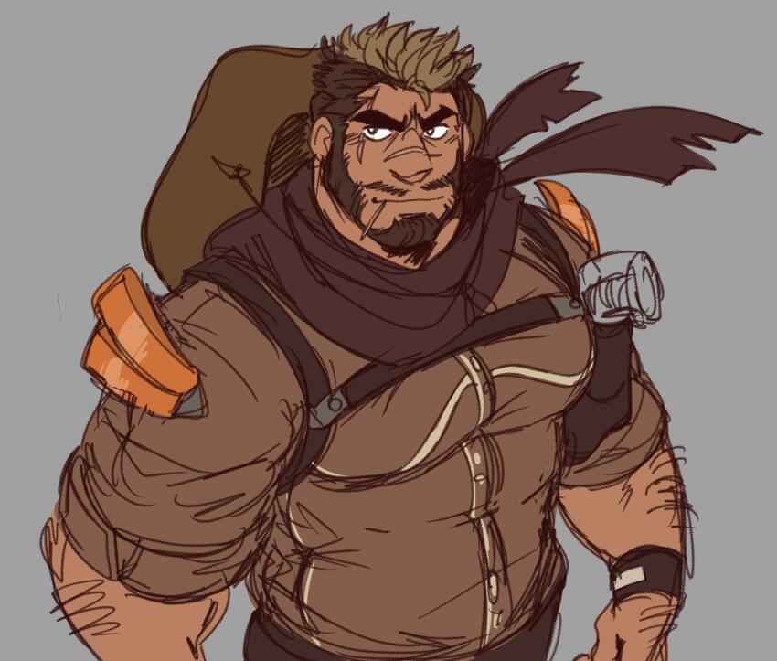 1boy arm_hair bara beard brown_hair chest_harness facial_hair from_above full_beard gen_5_pokemon harness highres juggermelon large_pectorals legendary_pokemon light_brown_hair male_focus mature_male multicolored_hair muscular muscular_male mustache nintendo pectorals pencil_mustache personification pokemon scar scar_across_eye scar_on_face scar_on_nose shirt short_hair smile solo terrakion thick_eyebrows tight_clothes tight_shirt two-tone_hair unfinished