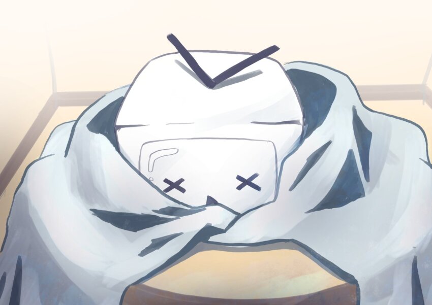 blanket commentary_request 2024_niconico_cyberattack futsuki_(mr) niconico no_humans object_focus open_mouth television terebi-chan x_x