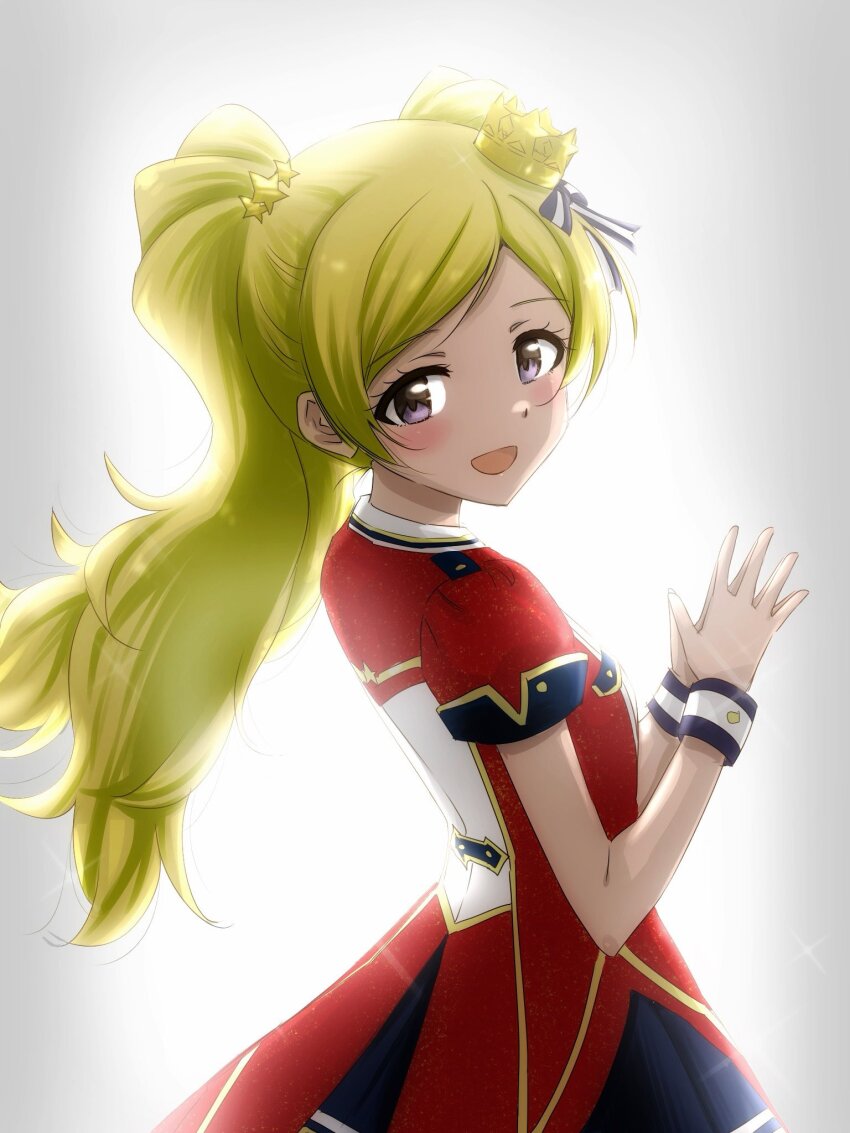 1girl :d backlighting blush cowboy_shot crown dot_nose emily_stewart eyelashes from_behind gradient_background grey_background hair_ornament hair_ribbon highres idolmaster idolmaster_million_live! idolmaster_million_live!_theater_days lone_nape_hair long_hair looking_at_viewer looking_back matcha_kingyo mini_crown open_mouth palms_together parted_bangs purple_eyes ribbon shiny_trinity_(idolmaster) sidelocks smile solo star_(symbol) star_hair_ornament twintails very_long_hair wavy_hair