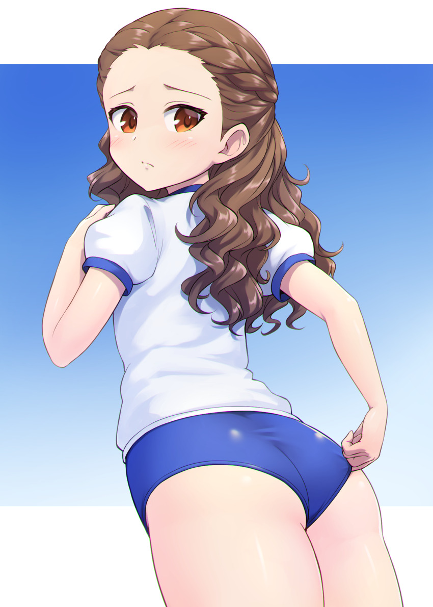 1girl adjusting_buruma adjusting_clothes ass blue_background blue_buruma braid brown_hair buruma commission cowboy_shot forehead gradient_background gym_shirt gym_uniform hair_pulled_back half_updo highres idolmaster idolmaster_cinderella_girls long_hair looking_at_viewer looking_back pataneet red_eyes seki_hiromi shirt skeb_commission solo t-shirt wavy_hair white_background white_shirt