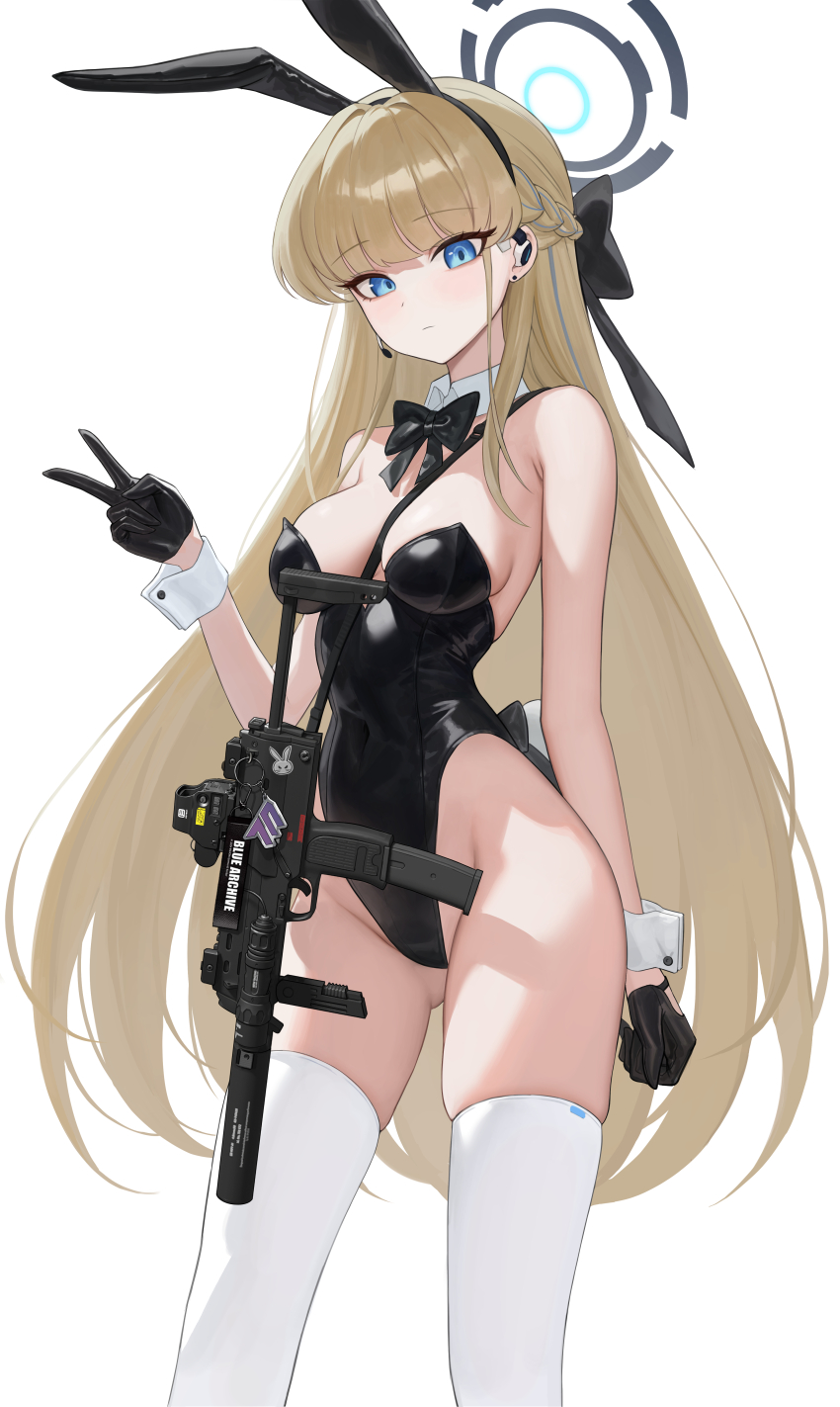 1girl absurdres alternate_color animal_ears black_gloves black_leotard blonde_hair blue_archive blue_eyes bow detached_collar earpiece expressionless fake_animal_ears fake_tail gloves gun h&amp;k_mp7 hair_bow halo heine_(haloo1101) highleg highleg_leotard highres leotard long_hair playboy_bunny rabbit_ears rabbit_tail solo strapless strapless_leotard submachine_gun tail thighhighs toki_(blue_archive) toki_(bunny)_(blue_archive) v weapon white_background white_thighhighs white_wrist_cuffs wrist_cuffs