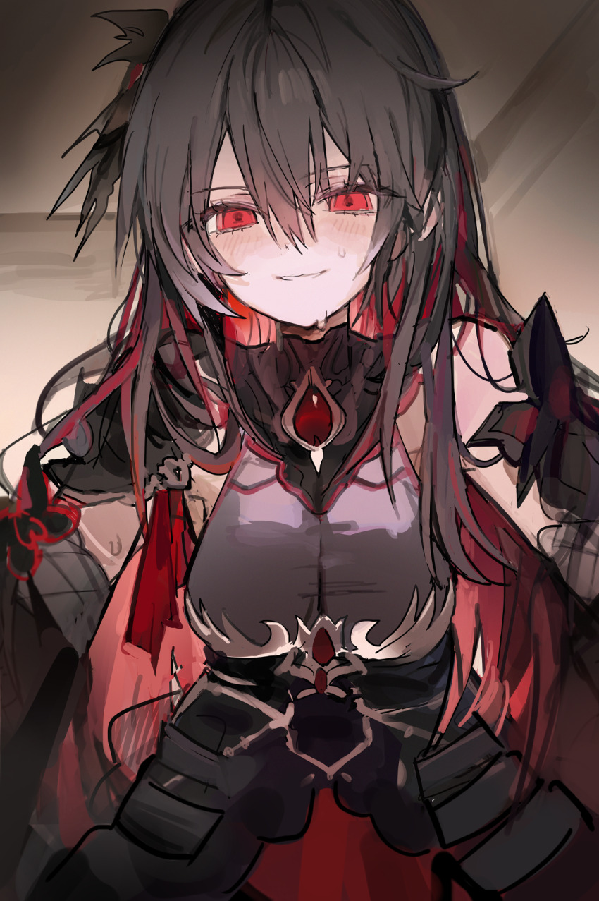 1girl black_dress black_hair breasts chest_jewel colored_inner_hair dress hair_between_eyes highres honkai_(series) honkai_impact_3rd indoors large_breasts long_hair looking_at_viewer multicolored_hair qqkkay red_eyes red_hair seele_(alter_ego) seele_vollerei seele_vollerei_(starchasm_nyx) smile solo sweat two-tone_hair