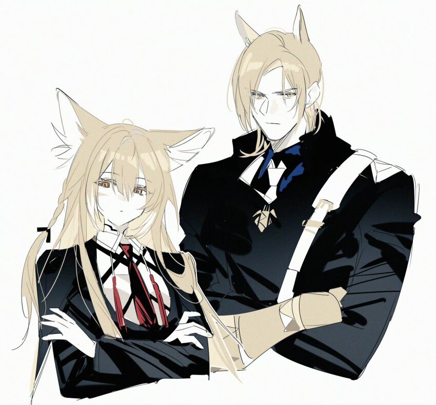 1boy 1girl :| animal_ear_fluff animal_ears arknights black_bow black_suit blonde_hair bow chinese_commentary closed_mouth commentary_request crossed_arms double-parted_bangs expressionless formal_clothes formal_clothes fox_ears hair_bow highres horse_ears long_hair long_sleeves medium_hair mlynar_(arknights) necktie pienahenggou simple_background suit upper_body vulpisfoglia_(arknights) white_background white_necktie yellow_eyes