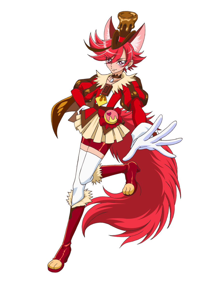 1girl absurdres animal_ears boots brown_cape brown_choker brown_hat cape choker cure_chocolat dog_ears dog_tail extra_ears full_body gloves hat highres jacket juliet_sleeves kenjou_akira kirakira_precure_a_la_mode long_sleeves looking_at_viewer magical_girl multicolored_hair official_art paw_shoes pleated_skirt precure puffy_sleeves red_boots red_eyes red_hair red_jacket red_shorts second-party_source short_hair shorts simple_background skirt smile solo standing standing_on_one_leg streaked_hair tail thighhighs top_hat transparent_background white_gloves white_thighhighs