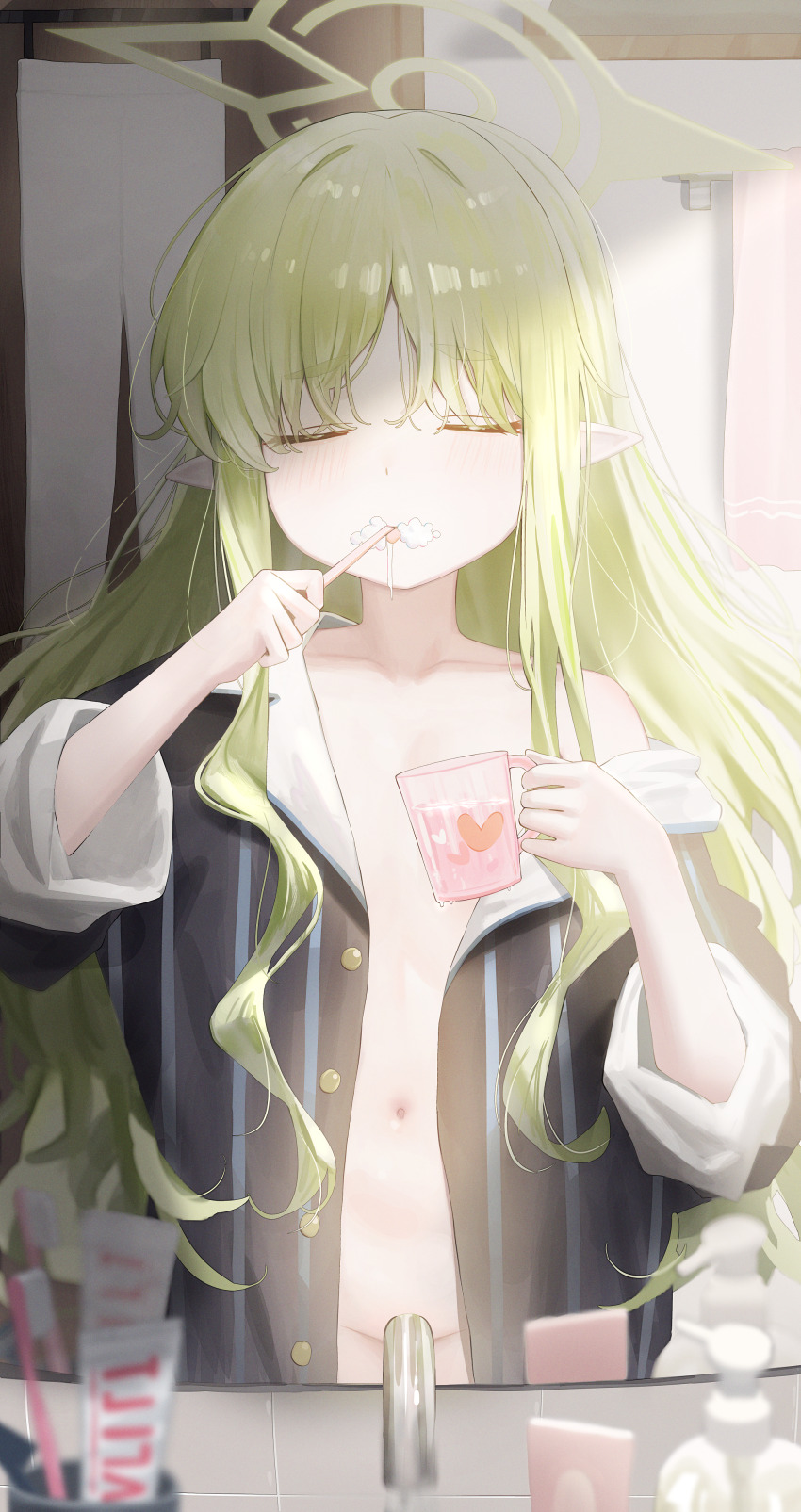 1girl absurdres achib bathroom blue_archive blush brushing_teeth buttons closed_eyes closed_mouth clothes_hanger collarbone convenient_censoring cup dot_nose elf facing_viewer flat_chest green_hair green_halo hair_between_eyes halo hands_up heart highres hikari_(blue_archive) holding holding_cup holding_toothbrush huge_filesize indoors loli long_hair long_sleeves mirror_image mug naked_shirt navel no_panties off_shoulder open_clothes open_pajamas pajamas pantyhose pointy_ears shirt sidelocks single_bare_shoulder sink sleeves_rolled_up solo standing straight_hair toothbrush towel unbuttoned unbuttoned_shirt unworn_pantyhose upper_body very_long_hair white_pantyhose wooden_door