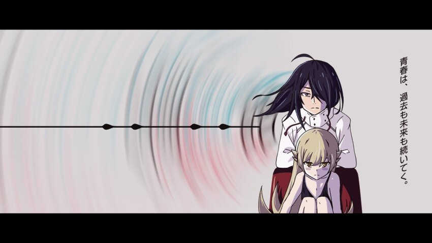 1boy 1girl ahoge araragi_koyomi arm_rest arms_at_sides bare_legs black_border black_dress black_hair blonde_hair blush_stickers border chair closed_mouth crossed_arms dot_nose drawstring dress expressionless feet_out_of_frame flat_chest flipped_hair floating_hair grey_background grey_eyes hair_between_eyes hair_flaps hair_over_one_eye height_difference jacket knees_up leaning_on_object letterboxed long_hair monogatari_(series) negative_space oshino_shinobu ringed_eyes ripples shadow shiny_skin sitting sleeveless sleeveless_dress sonikkusupin straight-on swept_bangs turtleneck turtleneck_jacket upper_body very_long_hair white_jacket yellow_eyes