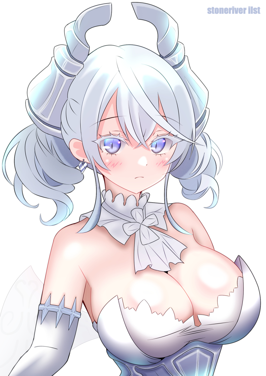 1girl blush breasts cleavage demon_girl demon_horns demon_wings dress duel_monster gloves grey_eyes grey_hair highres horns large_breasts looking_at_viewer lovely_labrynth_of_the_silver_castle low_wings pointy_ears simple_background solo spread_cleavage stoneriver_ilst transparent_wings twintails white_background white_hair white_horns wings yu-gi-oh!