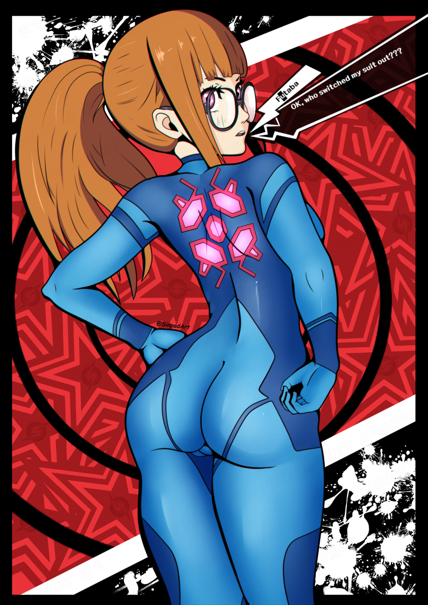 1girl absurdres ass black-framed_eyewear blue_bodysuit bodysuit breasts brown_hair cosplay english_text from_behind glasses high_ponytail highres long_hair looking_back metroid nintendo parted_lips persona persona_5 ponytail purple_eyes red_background sakura_futaba samus_aran samus_aran_(cosplay) sinpadart skin_tight solo speech_bubble zero_suit