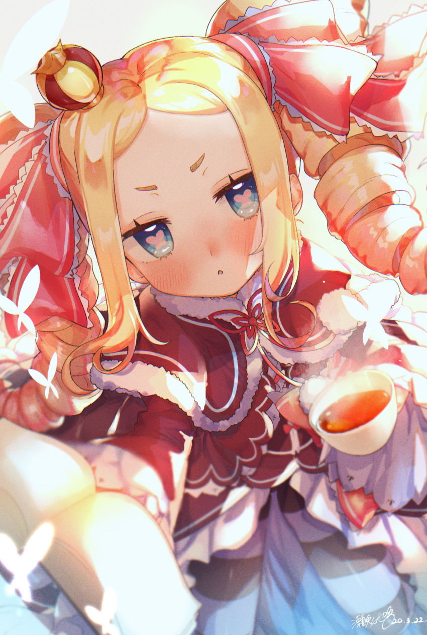1girl :&lt; beatrice_(re:zero) blonde_hair blue_eyes blush book bow butterfly-shaped_pupils capelet crown dress drill_hair hair_ribbon highres long_hair long_sleeves looking_at_viewer mini_crown pantyhose re:zero_kara_hajimeru_isekai_seikatsu ribbon setoya solo striped_clothes striped_pantyhose symbol-shaped_pupils twin_drills twintails