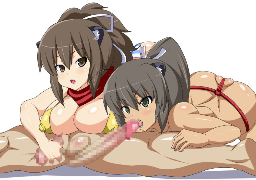 10s 1boy 2girls ass asuka_(senran_kagura) ball_busting bdsm bikini breasts brown_eyes brown_hair cameltoe castration cbt censored cleavage covered_erect_nipples crotch_kick cum curvy dark_skin ejaculation erection fat_mons fellatio femdom fundoshi game_cg green_eyes hetero homura_(senran_kagura) huge_ass huge_breasts japanese_clothes large_breasts long_hair lying multiple_girls nipples nude oral partially_visible_vulva penis ponytail rubbing senran_kagura shiny_skin simple_background slashcat squeezing_testicles swimsuit testicle_grab testicles torture wedgie white_background