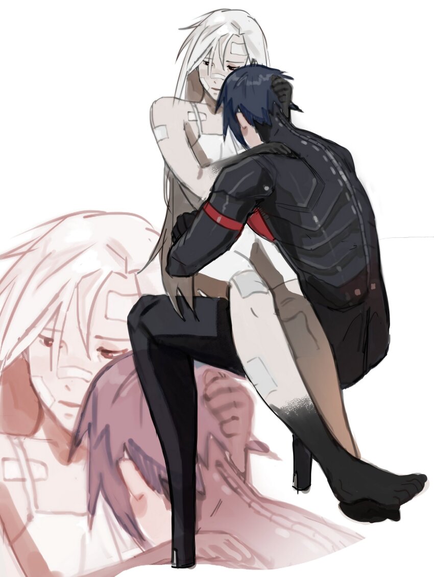 2girls android ariane_yeong bandaid bandaid_on_arm bandaid_on_face bandaid_on_knee bandaid_on_leg bandaid_on_nose barefoot black_hands blue_hair colored_extremities colored_skin darkynnw dress elster_(signalis) feet_out_of_frame hand_on_another&#039;s_head highres hug long_hair metal_skin multicolored_skin multiple_girls short_hair signalis simple_background sitting sitting_on_lap sitting_on_person sleeveless sleeveless_dress two-tone_skin white_background white_dress white_hair yuri zoom_layer