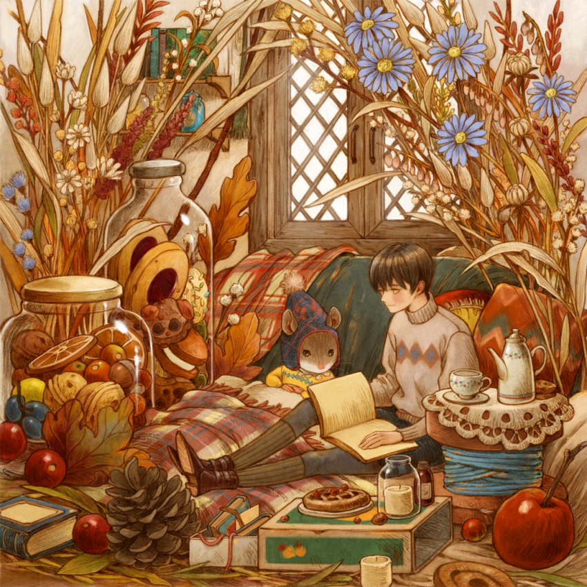 1boy 1other animal apple bed black_hair blanket blue_flower book bookshelf candle child cookie cranberry cup dried_fruit flower foliage food fruit grass hat holding holding_book jar lace lattice leaf light_blush light_smile loaded_interior matchbox mini_person miniboy mogoshin mouse_(animal) nut_(food) open_book orange_(fruit) original pants pie pinecone plaid_blanket scenery socks sweater tall_grass teacup teapot thread walnut warm_colored window