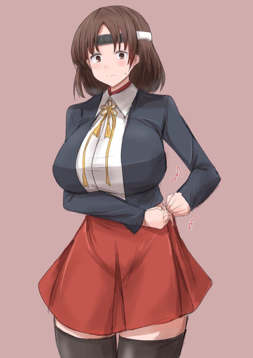 1girl absurdres blush breasts brown_background brown_eyes brown_hair chiyoda_(kancolle) hakama hakama_short_skirt hakama_skirt headband highres jacket japanese_clothes kamaboko_senshi kantai_collection large_breasts long_hair looking_at_viewer red_hakama ribbon shirt short_hair skirt thighhighs weight_conscious white_shirt