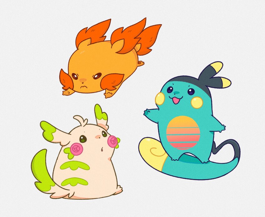 3: :3 :d :o ahoge alternate_form alternate_universe animal_focus closed_mouth commentary doodlelotl english_commentary flame-tipped_tail flower full_body game_freak gen_1_pokemon gradient_skin grey_background highres looking_back nintendo no_humans open_mouth outstretched_arms pikachu pink_flower pokemon pokemon_(creature) pouncing simple_background sitting smile standing_on_own_tail starter_pokemon_trio